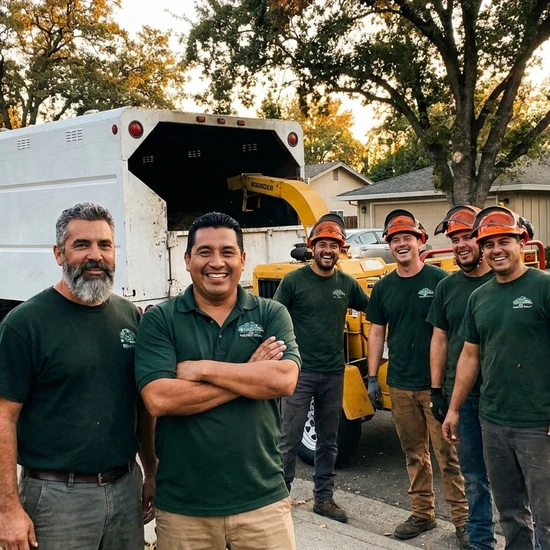 Tree service owner and crew with chip truck on a Virginia Beach street