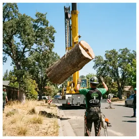Crane lowering a tree section during a Virginia Beach removal